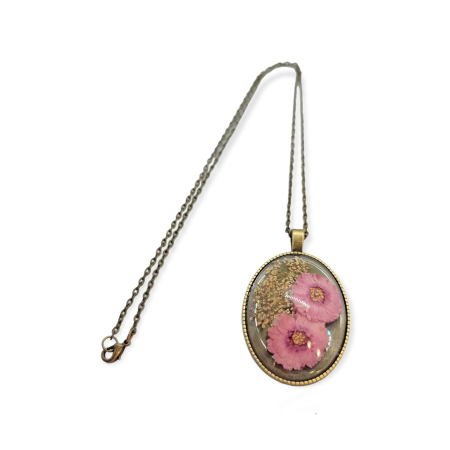 Necklace bronze oval purple flowers4